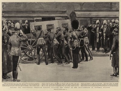 Prima della processione attraverso Londra, posizionamento della bara sul carro da cannone alla stazione di Victoria da Frank Dadd